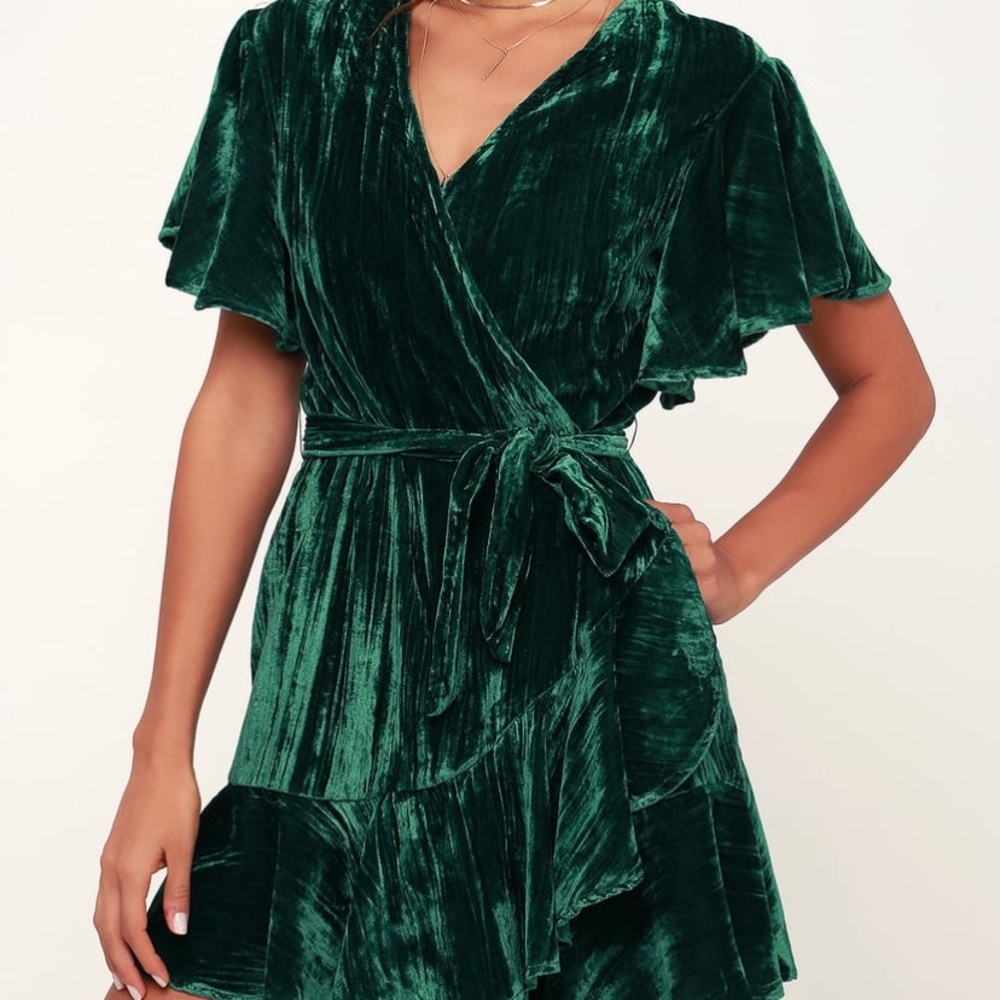 Green velvet mini dress